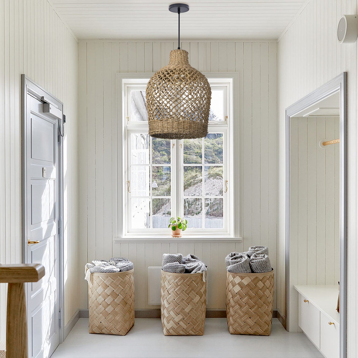 Bohemian style Straw rope hollow pendant light