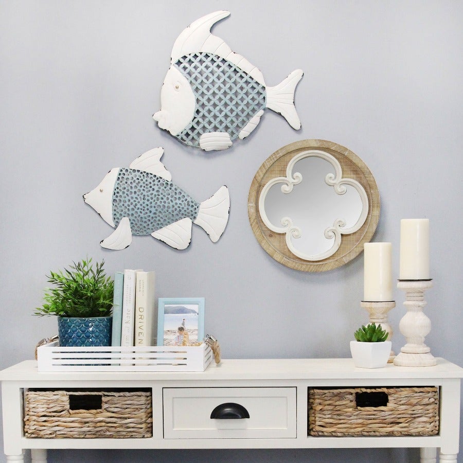Coastal Whitewash Scrollwork Wood Wall Mirror - Novus Decor Wall Decor