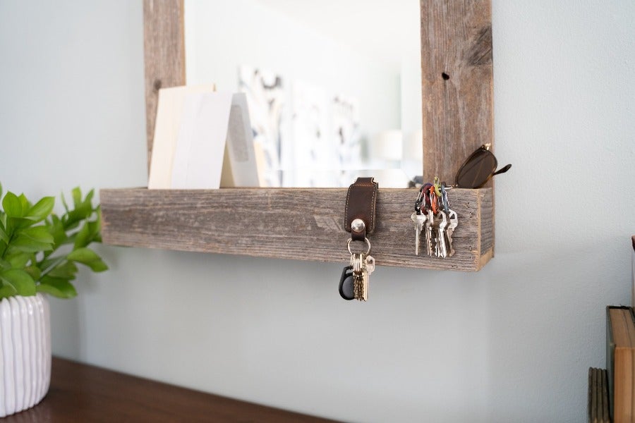 Rustic Weathered Gray Reclaimed Wood Plank Mirror with Shelf - Novus Decor Wall Decor