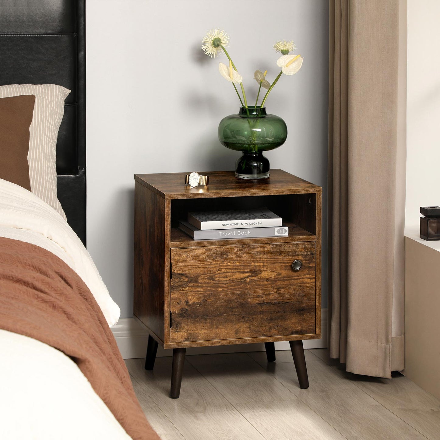 Sofa Side Table with Open Shelf and Cabinet
