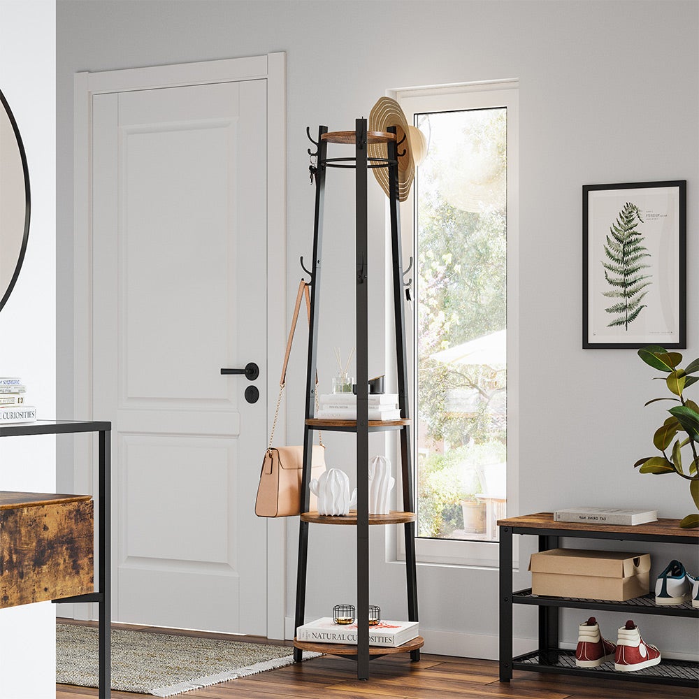Coat Stand with 6 Hooks 3 Round Shelves