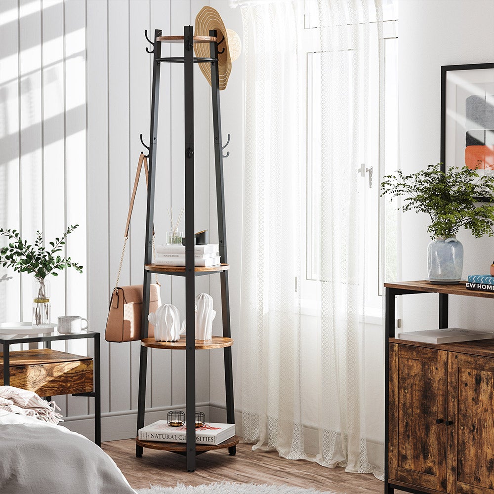 Coat Stand with 6 Hooks 3 Round Shelves